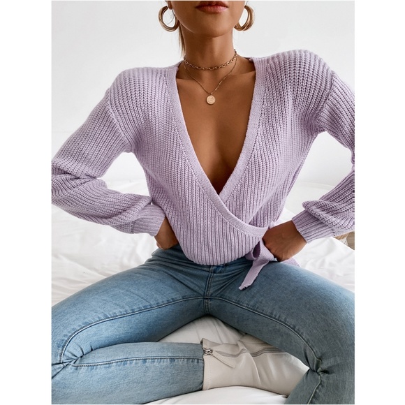 Lavender Knit Wrap V-Neck Crop Sweater - Picture 6 of 8